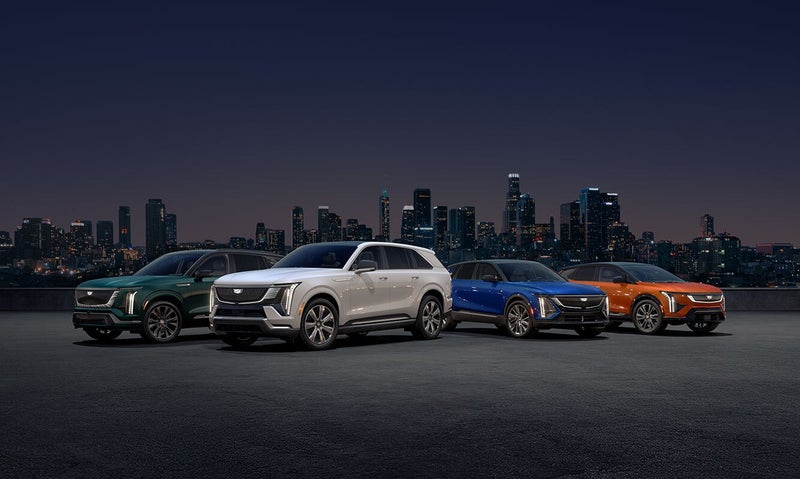 2026 EV Cadillac electric SUV lineup at night: The 3-row Vistiq, full-size Escalade IQ, mid-size Lyriq, and compact Optiq staged against a glowing urban cityscape with signature vertical LED lighting and illuminated crest.